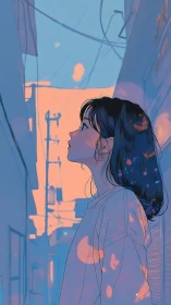 Twilight alley portrait of reflective girl in soft bokeh glow.