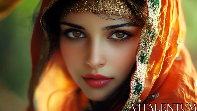 Woman in ornate orange veil with vivid amber eyes.