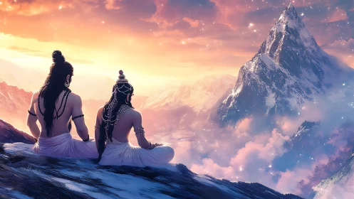 Mystic sages contemplate a glowing Himalayan summit at dusk
