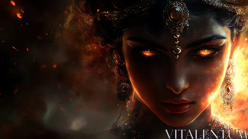 Fiery eyed woman stares forward amid glowing embers