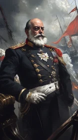 Ironclad admiral stands unbowed amid cannon-smoked seas.