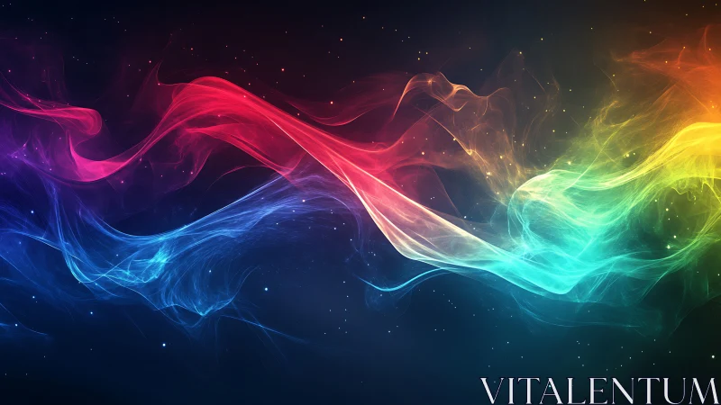 Colorful flowing light waves across dark cosmic space.