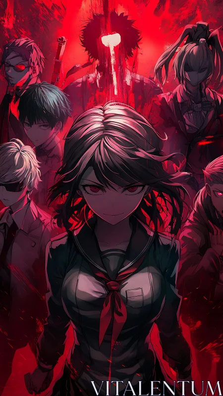 Dark anime squad under red light with vengeful heroine.