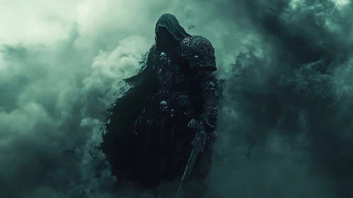 Hooded armored figure stands in dense swirling green fog