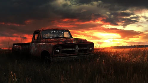 Rusting pickup truck rests beneath a blazing rural sunset.