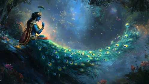 Divine blue figure with jeweled peacock tail in moonlit forest