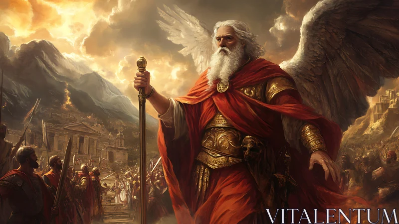 Winged warlord in ember skies commanding ancient legions.