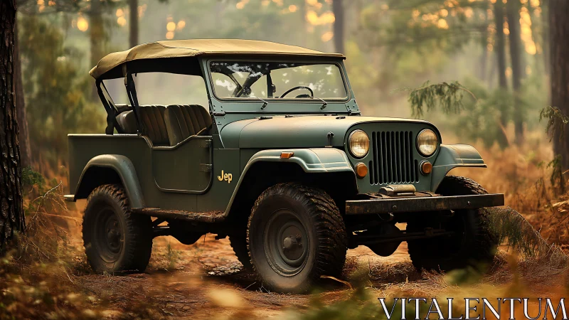 Vintage off-road jeep rendered in warm forest dusk lighting