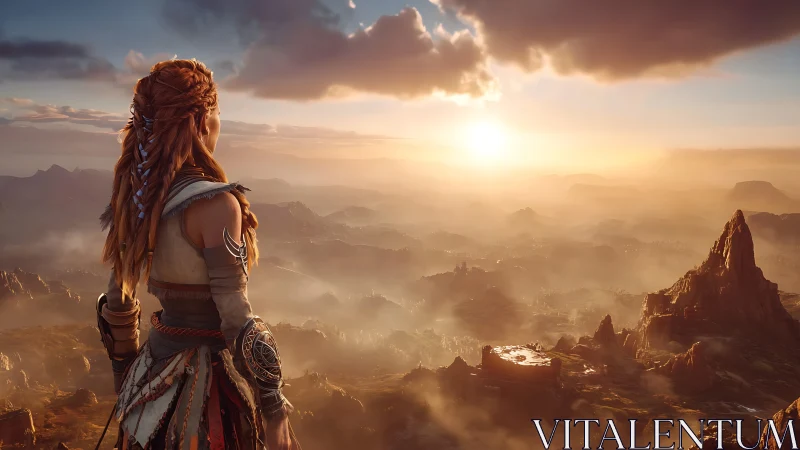 Female figure observes expansive mountainous valley at sunrise