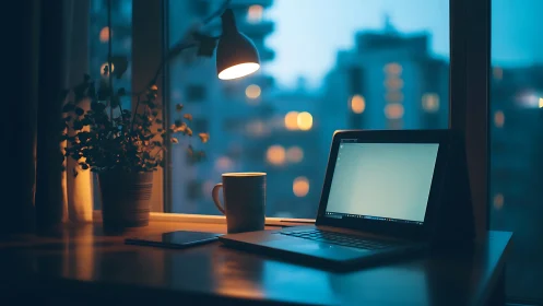 Cozy laptop workspace under warm lamp at dusk window.