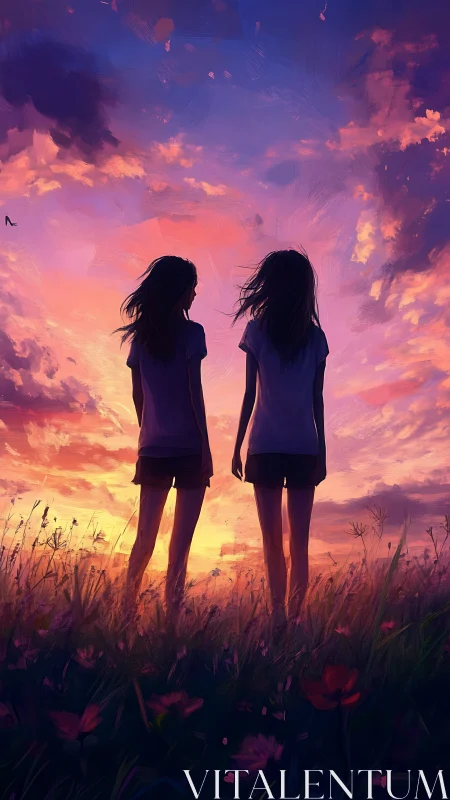 Backlit silhouettes of two girls under high-saturation sunset sky