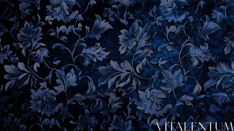 Dark blue damask floral pattern shows ornate woven foliage