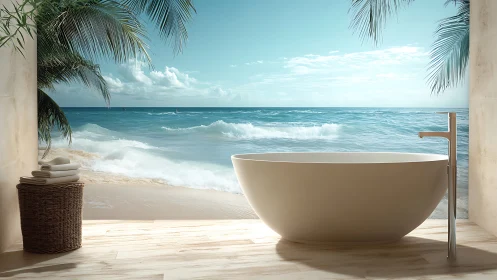 Oceanfront soaking tub opens directly onto tranquil beach views.