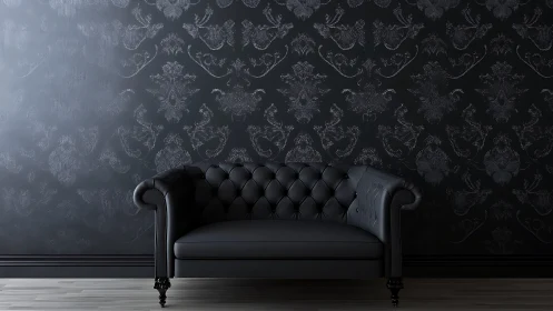 Black leather Chesterfield sofa anchors dark damask room.