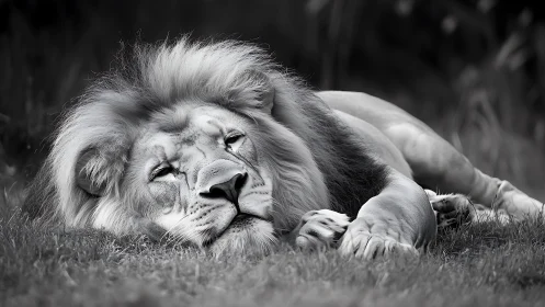 Male lion resting on grass in calm monochrome portrait.