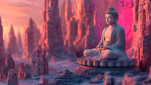 Meditating Buddha sculpture in luminous digital canyonscape.