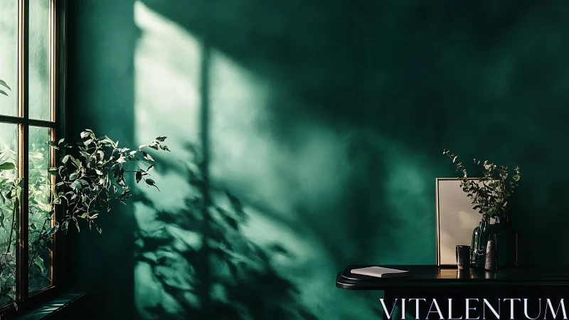 Sunlit green interior wall shows window shadows and table objects