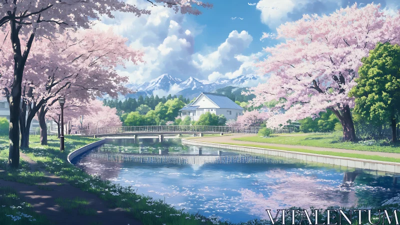 Serene cherry blossom riverside park under clear spring sky