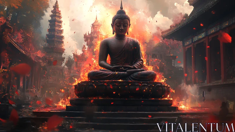 Serene Buddha statue meditates amid blazing temple flames.