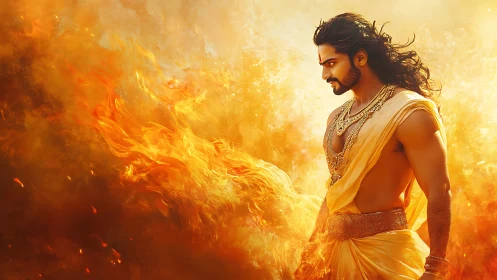 Warrior demigod in golden flames, dramatic digital portrait.