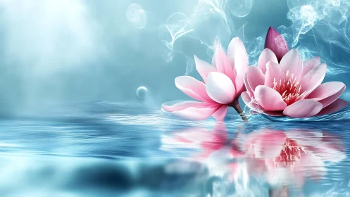 Pastel pink lotus blossoms on reflective cyan water surface.