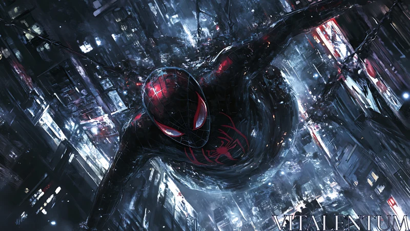 Black suited spider hero swings through dense neon cityscape.