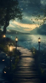 Wooden lakeside path with lampposts at dusk under clouds.