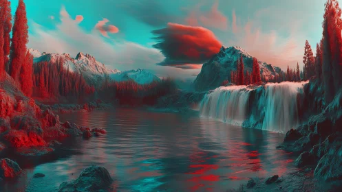 Dreamlit waterfall valley glows in surreal red and teal light