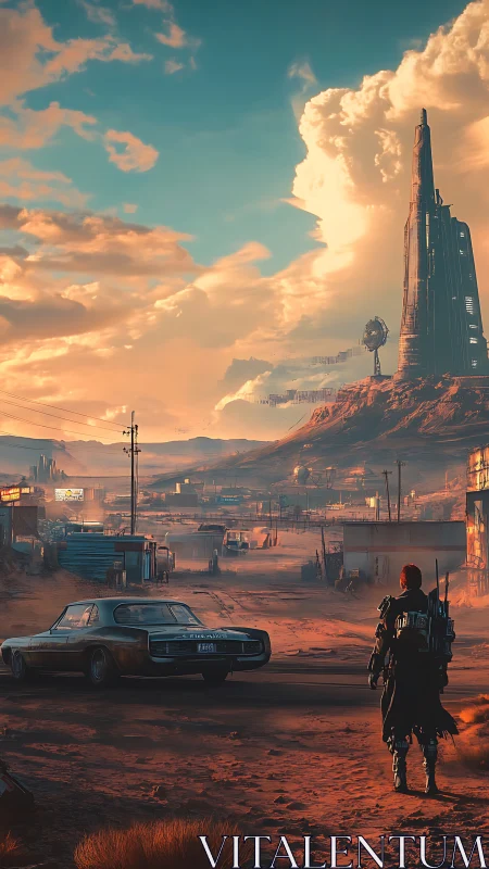 Desert settlement with futuristic tower and lone figure.