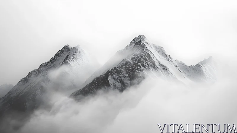 Minimalist photorealistic alpine peaks in diffuse fogscape.
