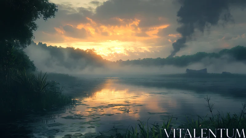 Digital painting sunset marshland with atmospheric depth study.