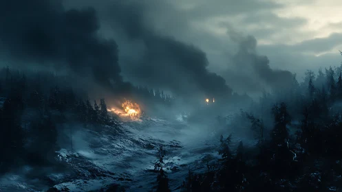 Apocalyptic Snow Valley With Raging Fire and Storm