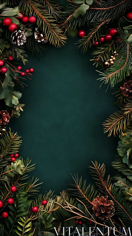 Christmas pine border with red berries on dark green background.