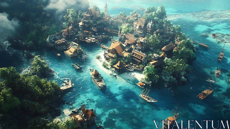 Tropical Island Settlement: Architectural Rendering with Waterfront Infrastructure.