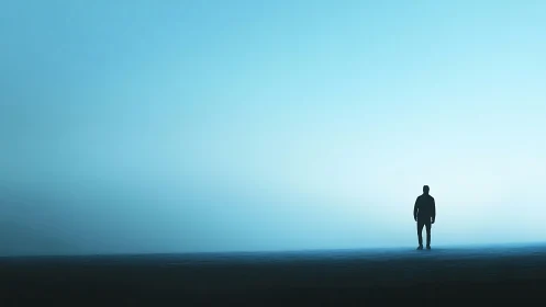 Silhouetted figure on flat terrain under gradient sky.