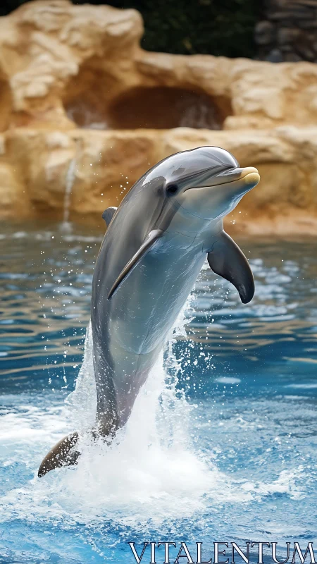 Bottlenose dolphin performs vertical breach with detailed water spray