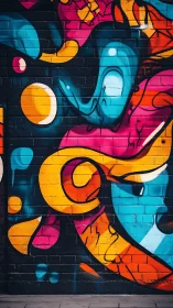 Neon whirl of street graffiti curls across midnight bricks.