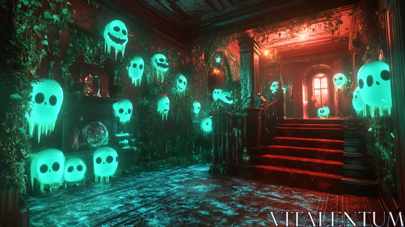 Glowing teal ghosts drift through crimson-lit haunted hall.