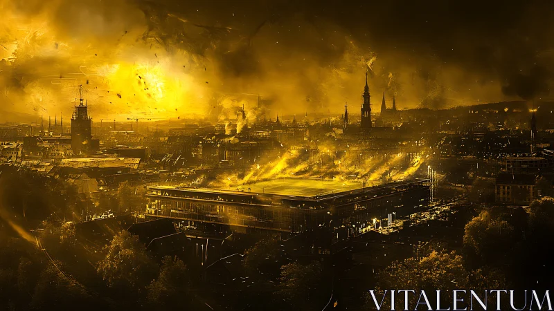 City skyline burns under intense yellow apocalyptic light