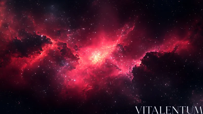 Rendered red nebula spreads across a dense star field