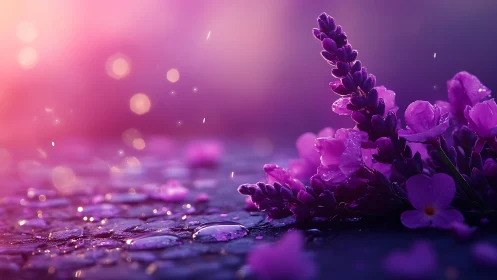 Purple Lupine Flowers with Morning Dew and Soft Light