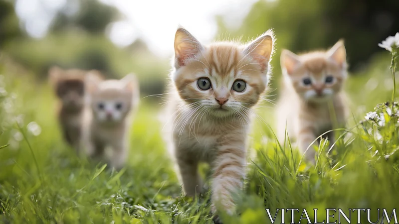 Adorable kittens exploring a sunlit meadow with wildflowers.