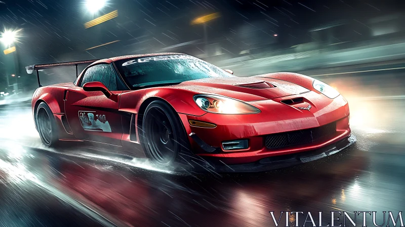 Red race car cuts wet neon track under cinematic night rain.