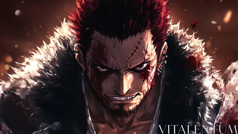 Battle-scarred warrior ignites in blood-red fury and embers.