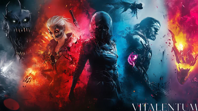 Elemental warriors clash amid spectral demonic onslaught.