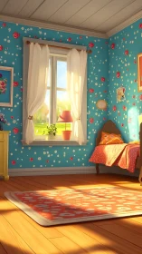 Sunlit floral kids bedroom glows with playful warmth