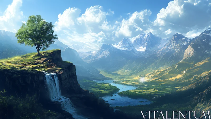 Digital mountain valley landscape depicts river and waterfall