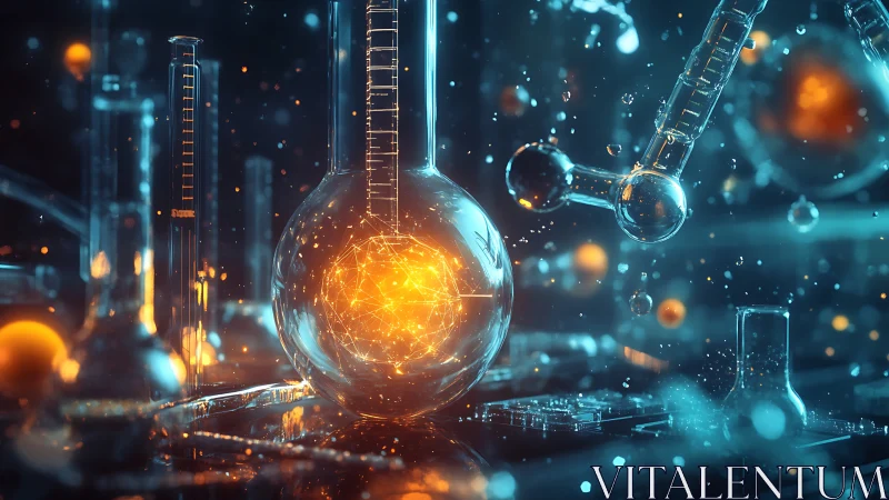 Glowing molecular network ignites a futuristic chemistry lab.