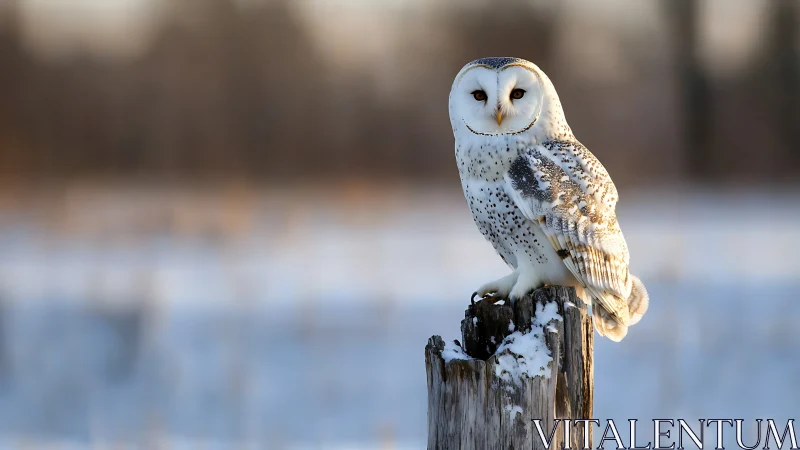 Majestic snowy owl perched on frosty stump in winter landscape.