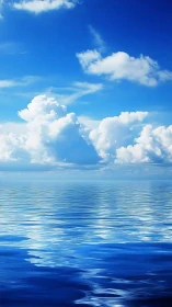 Open ocean horizon under cumulus clouds and clear sky.